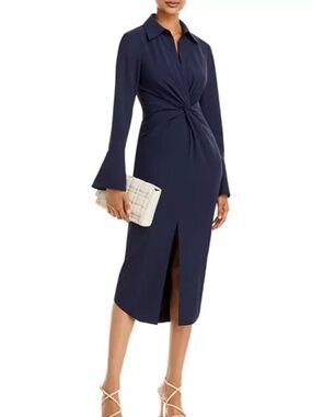 Cinq a Sept McKenna Midi Dress in Midnight Navy Long-Sleeve Twist-Front